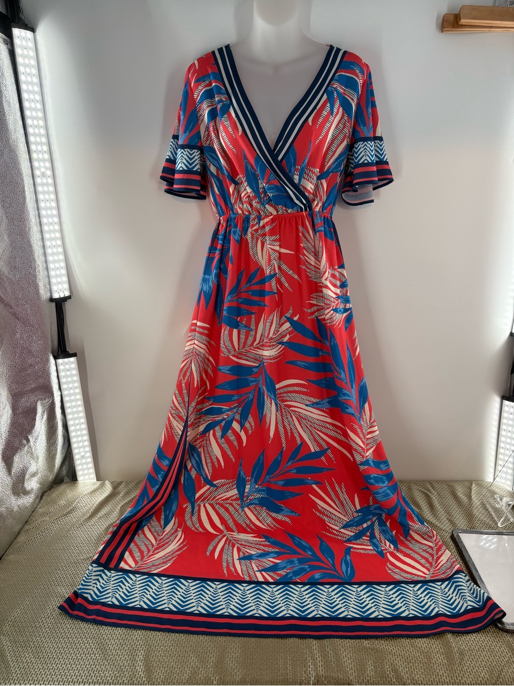 Flying Tomato Tropical Palm Print Maxi Dress Boho Red Blue S Anthropologie